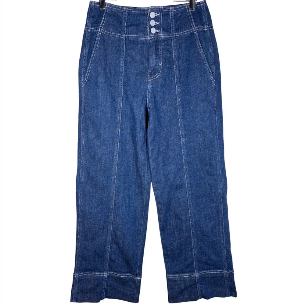 Pilcro Anthropologie Seamed High Rise Wide Leg Jeans Pants Size Petite 27 Dark - Picture 2 of 14
